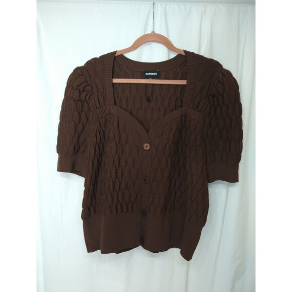 NWOT Express Sz XL Chocolate Brown Short Sleeve Button Up Sweater Puffy Quilted - Picture 1 of 10
